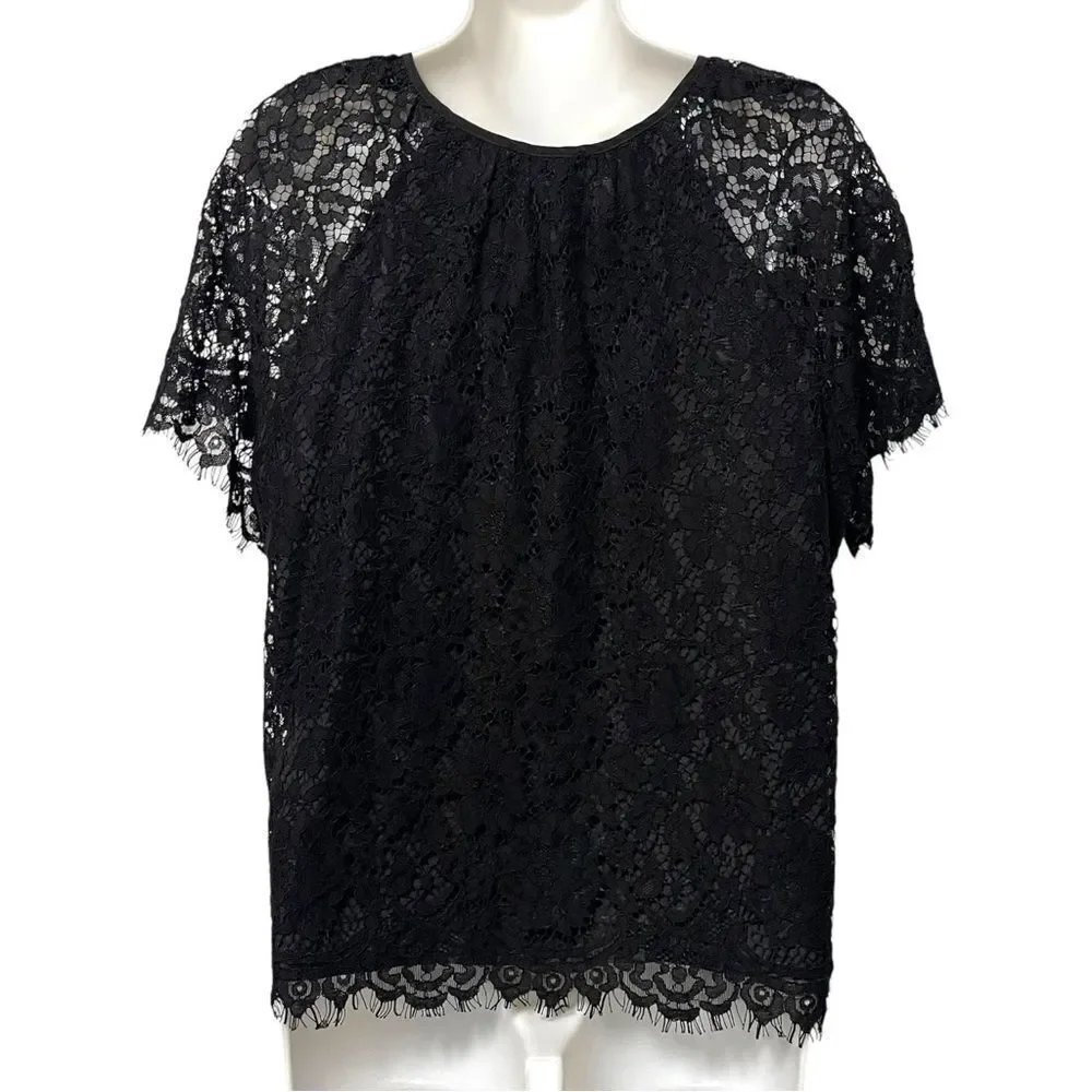 J. CREW Short Sleeve Keyhole Lace Floral Top L
